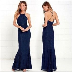 Lulus Zenith Navy Blue Lace Maxi Dress | halter cross back backless high neck